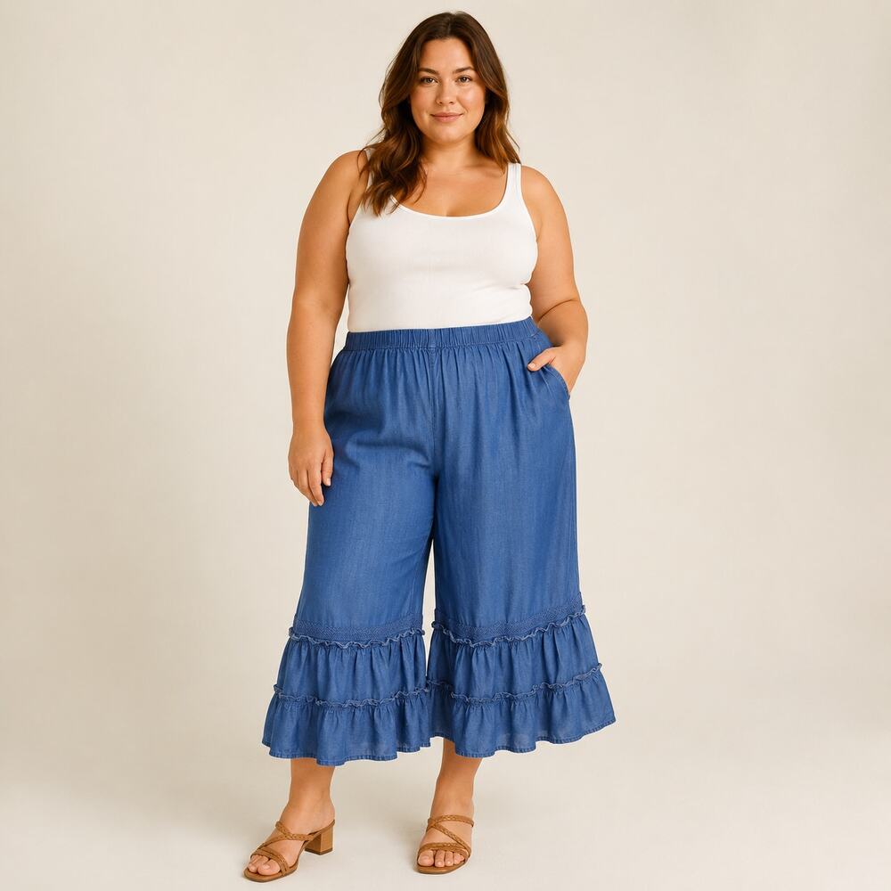 Chambray Cropped Bloomers Pants Ruffle Hem Blue Pull On 18/20W XXL Lyocell